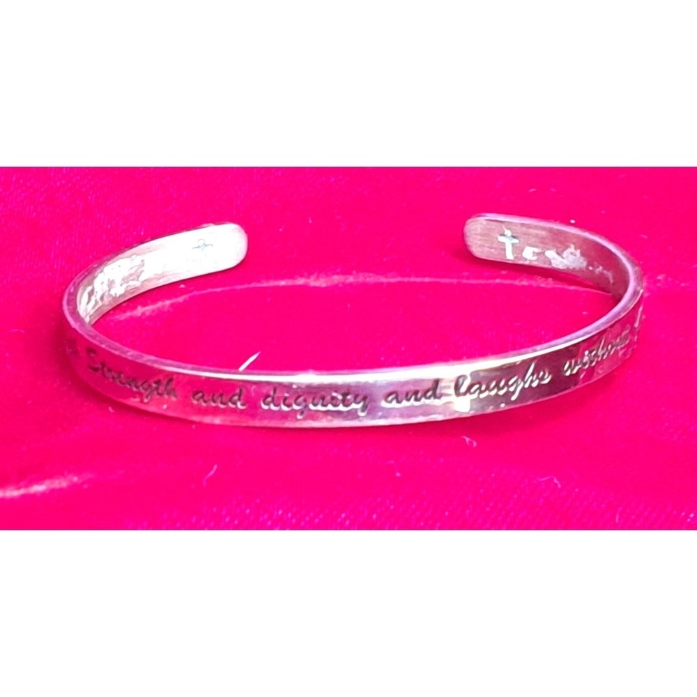 Proverbs 31:25 Scripture Cuff Bracelet Silver Tone Religious Inspirational Cross